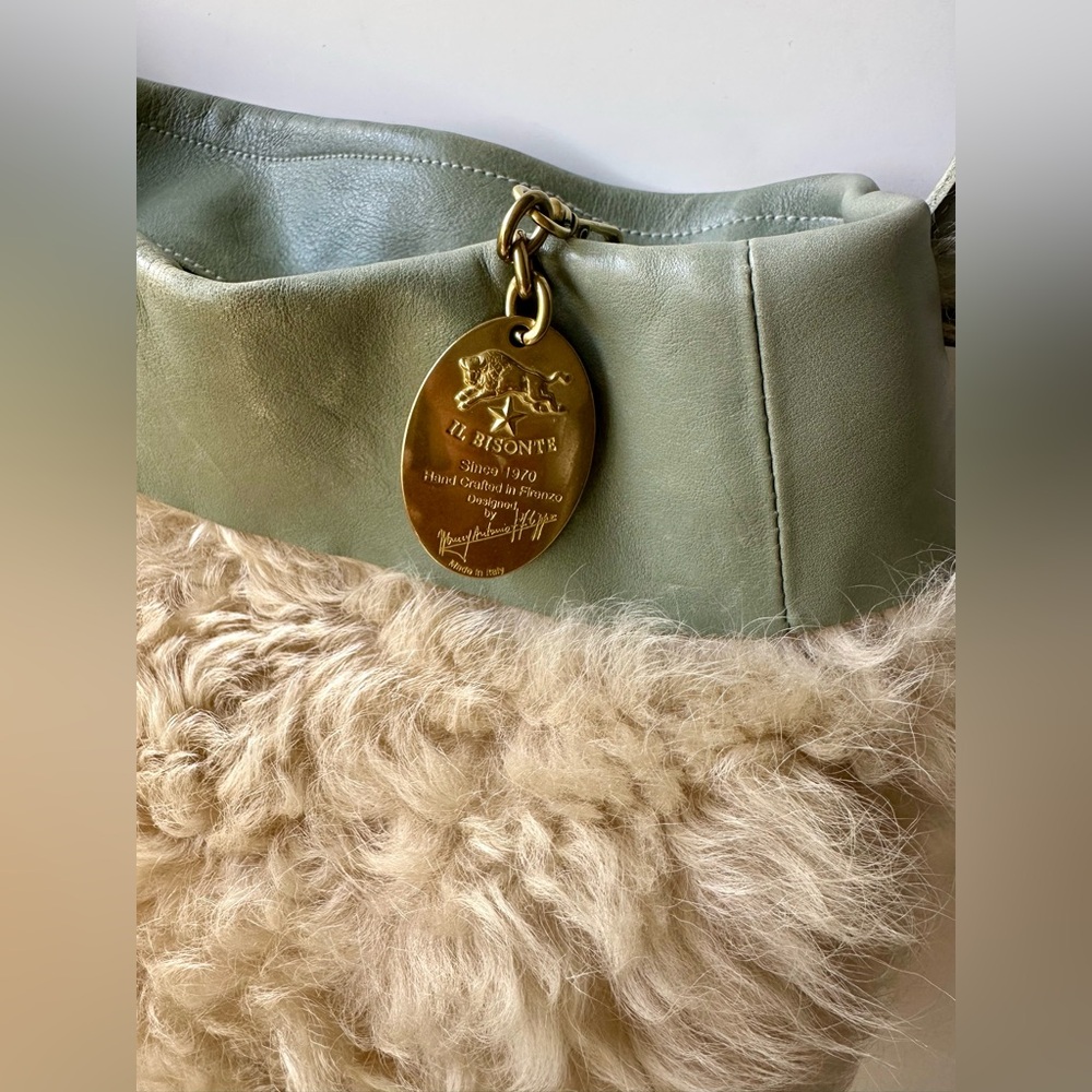 Il Bizonte Lamb Shearling & Sage Green Leather Elegant Women's Bag 15”x13” - Picture 2 of 14